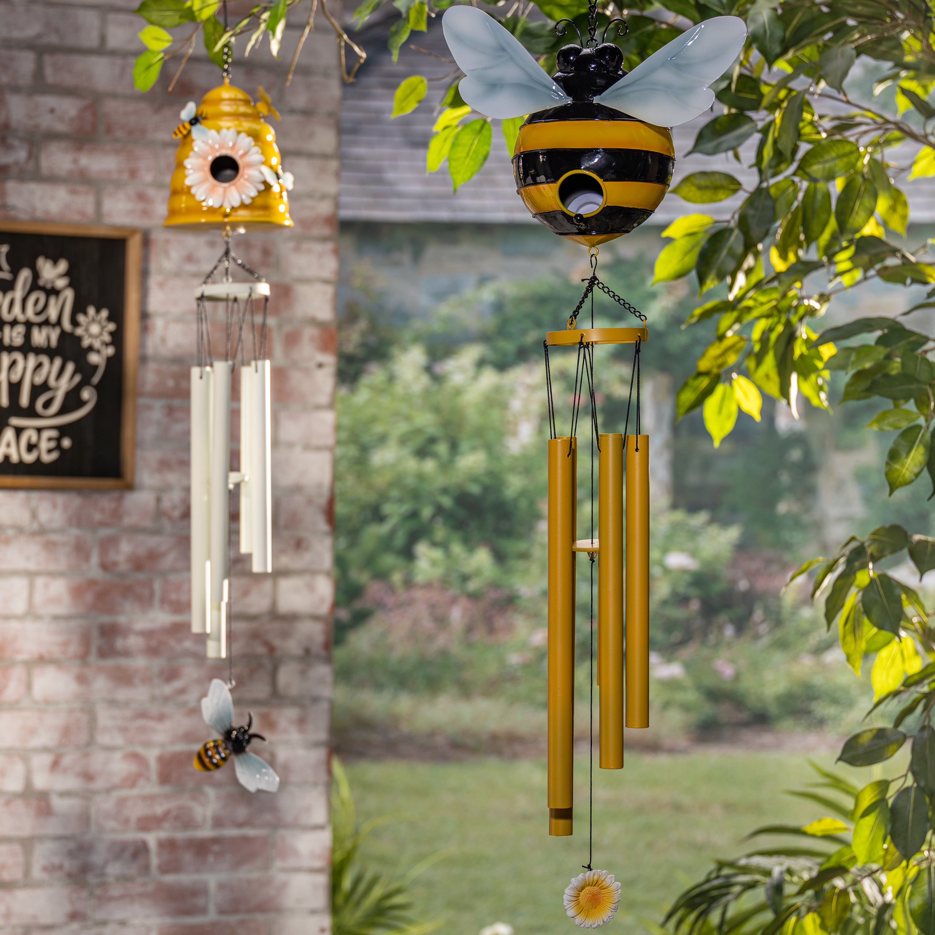 32.4 Inch Whimsical Metal Bee and Beehive Birdhouse Wind Chimes Set of 2
